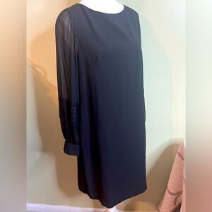 Ann Taylor sheer Swiss dot long sleeve Black Crepe Dress, size 10 petite